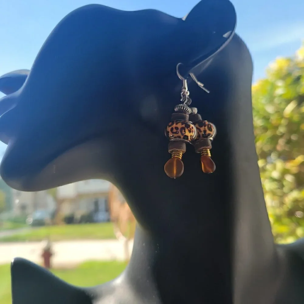 Handmade Earrings With Cheetah Print, Sea Glass,& Wooden Beads Etc, Wirewrapped